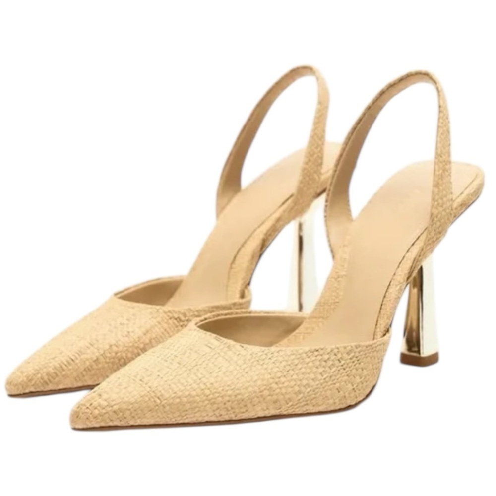 Zara Raffia Slingback Pointed Heels in Beige with Gold Heel